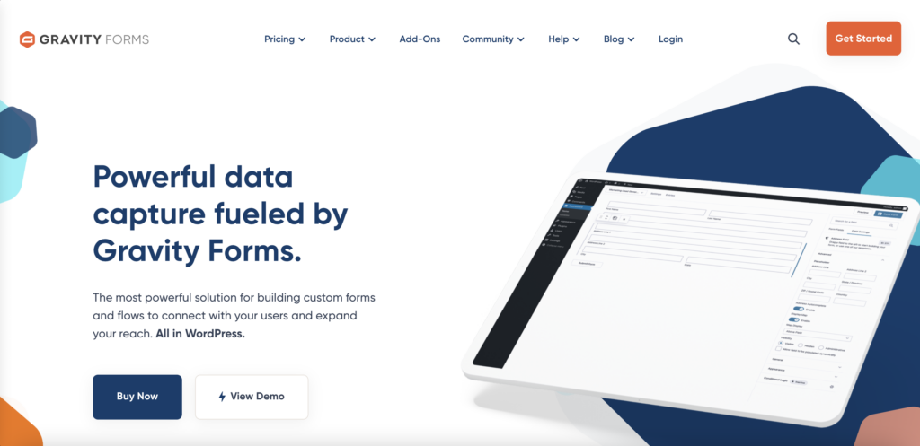 The Gravity Forms homepage; the header reads 'Powerful data capture fueled by Gravity Forms'