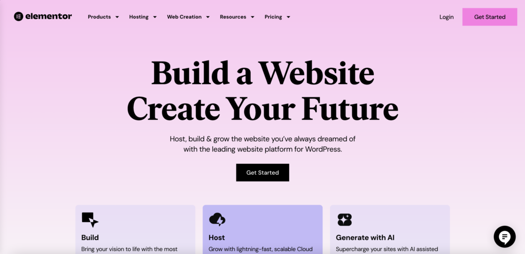Elementor homepage; it reads 'Build a website - create your future'