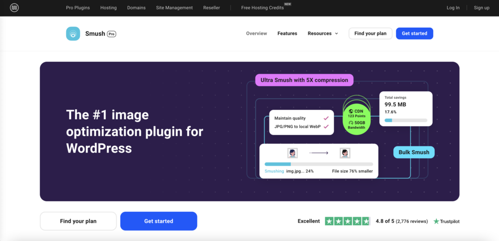 The Smush Pro landing page; the header reads 'The #1 image optimization plugin for WordPress'