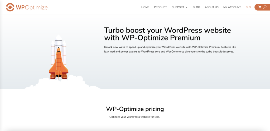 The WPOptimize homepage; the header reads 'Turbo boost your WordPress website with WP-Optimize Premium'