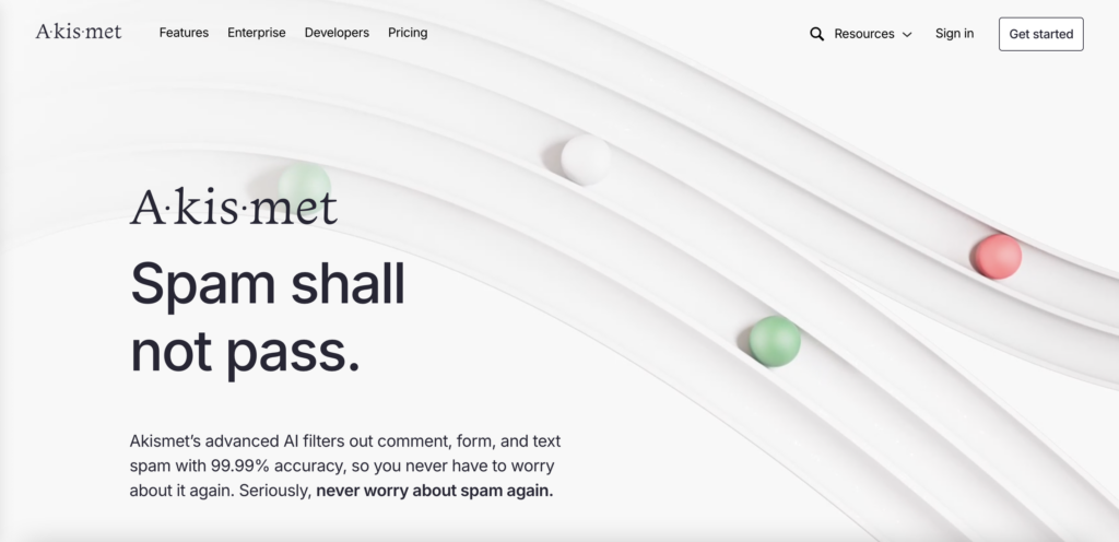 The Akismet homepage; the header reads 'Spam shall not pass.'