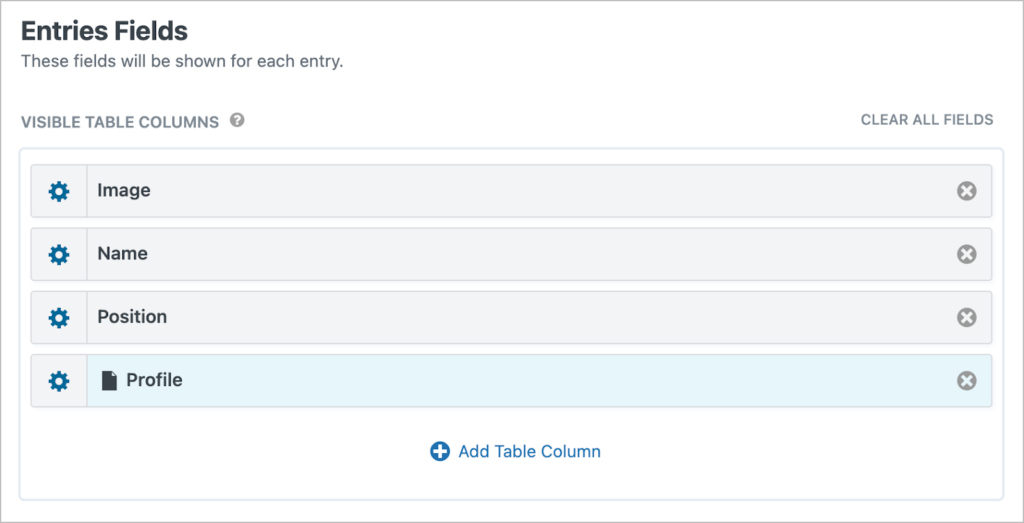 The 'Entries Fields' section of the GravityView editor; the following fields are visible: Image, Name, Position, Profile