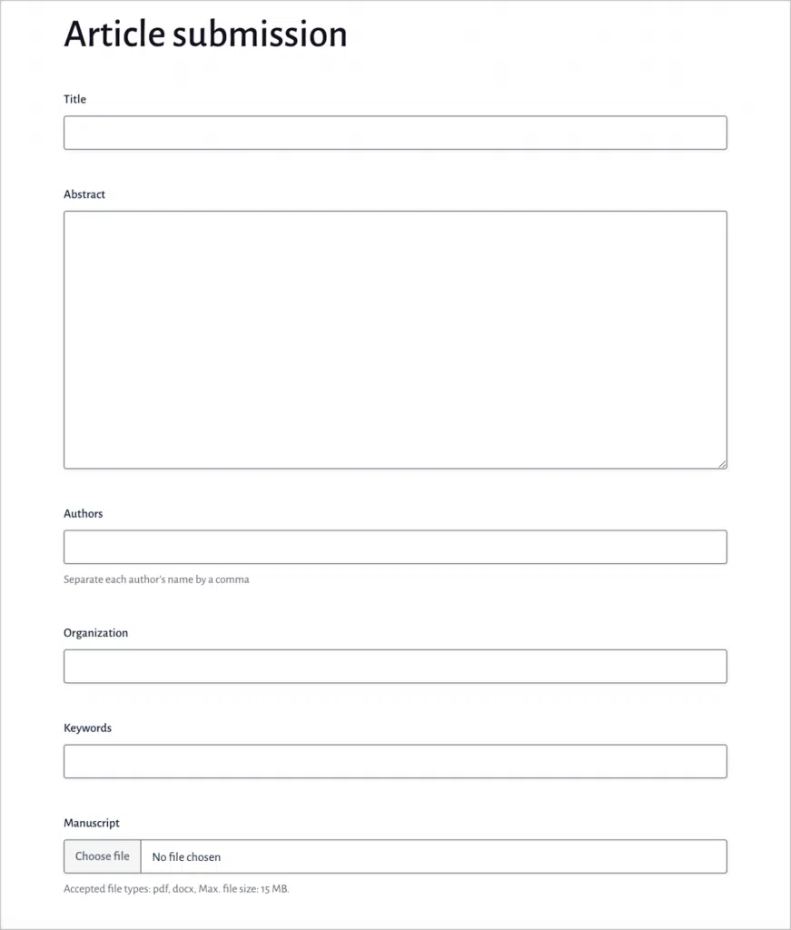 An article submission form, created using Gravity Forms; there are fields for Title, Abstract, Authors, Organizations, Keywords, and Manuscript