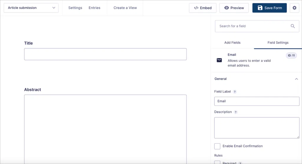 The Gravity Forms visual editor