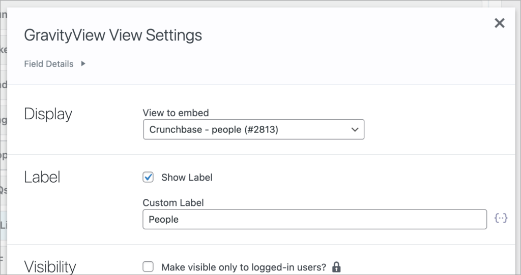 GravityView View settings; there is a dropdown labeled 'View to embed'