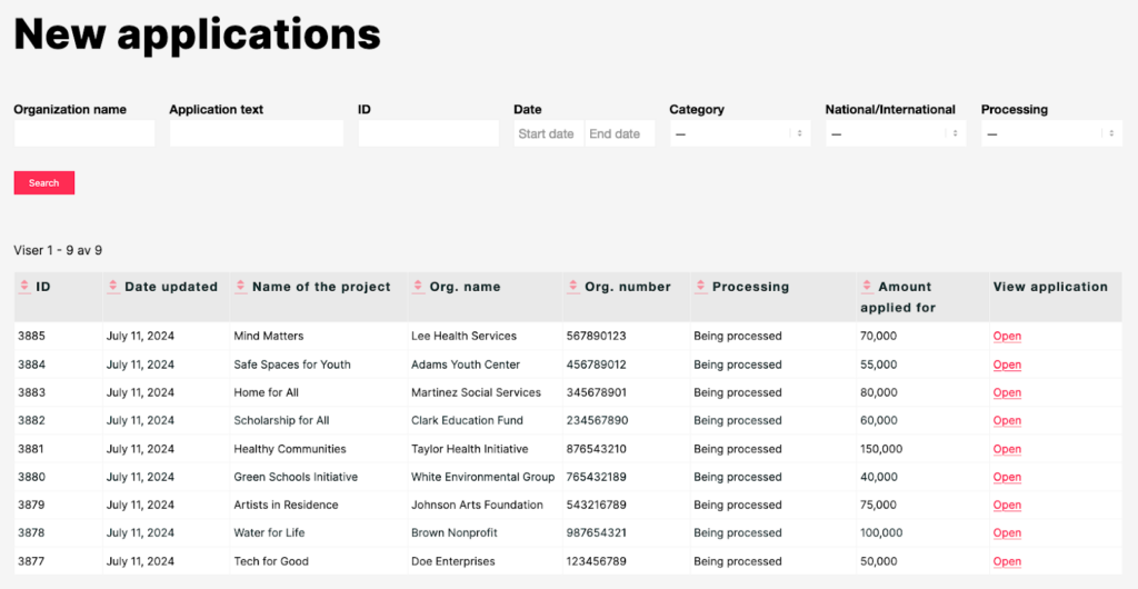 A table displaying application information, built by Mediebruket using GravityKit