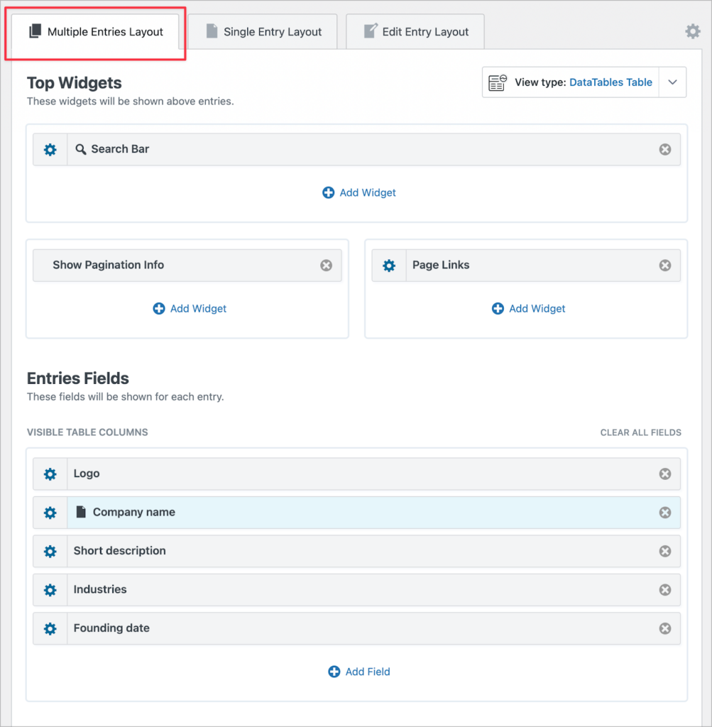 The Multiple Entries layout in the GravityView editor