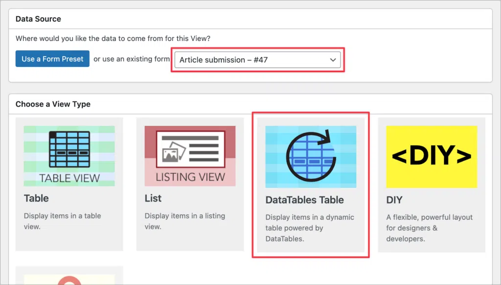 The GravityView View configuration screen; the 'DataTables Table' view type is highlighted