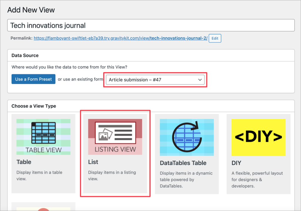The GravityView View configuration screen; the 'List' View type is highlighted