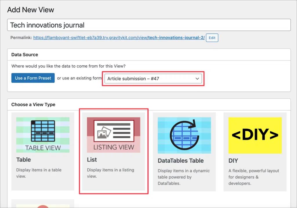 The GravityView View configuration screen; the 'List' View type is highlighted
