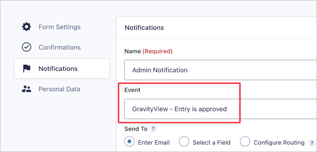 The 'Event' drop down field on the Gravity Forms notification settings screen