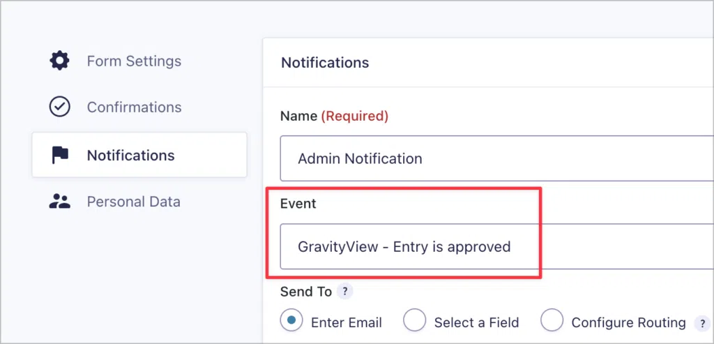 The 'Event' drop down field on the Gravity Forms notification settings screen