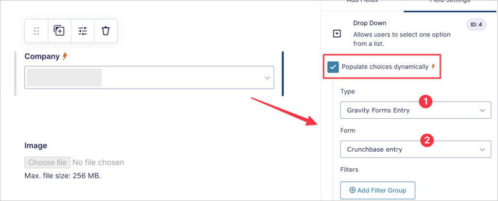 A checkbox labeled 'Populate choices dynamically' with two drop downs below: 'Type', and 'Crunchbase entry'