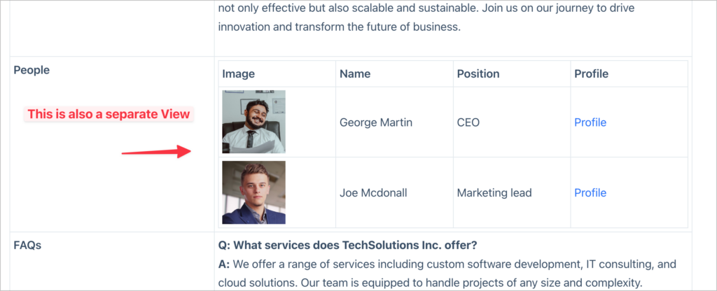 A table showing employee information for a specific company