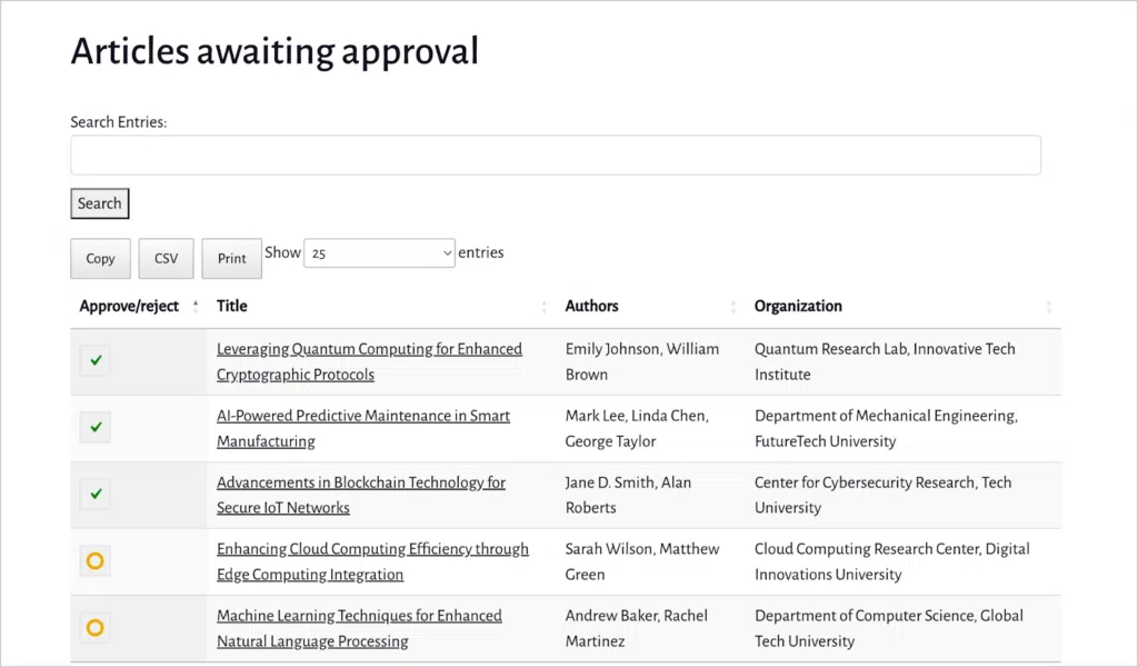 A table containing newly submitted academic articles; there is a field here for approving or rejecting submissions