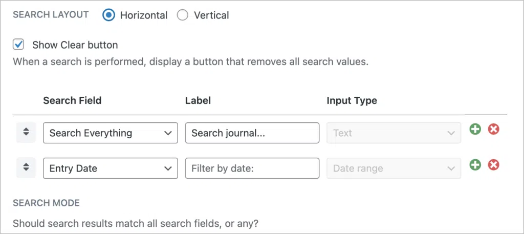 The search bar settings in GravityView
