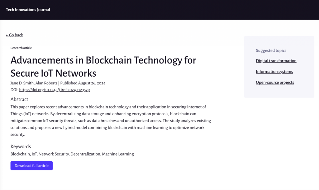 A page showing information about an academic study titled 'Advancements in blockchain technology for secure IoT networks"