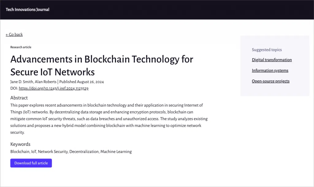 A page showing information about an academic study titled 'Advancements in blockchain technology for secure IoT networks"
