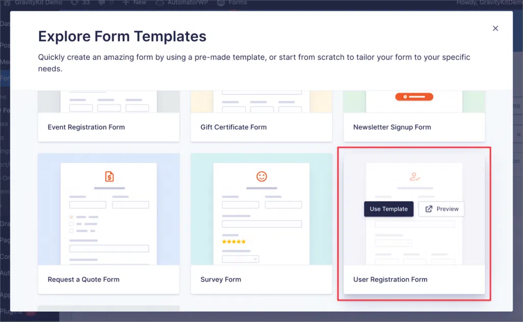 The Gravity Forms templates modal; the 'User Registration Form' template is highlighted and there is a button labeled 'Use Template'