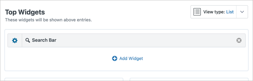 The 'Top Widgets' area in the View editor; there is a 'Search Bar' widget here