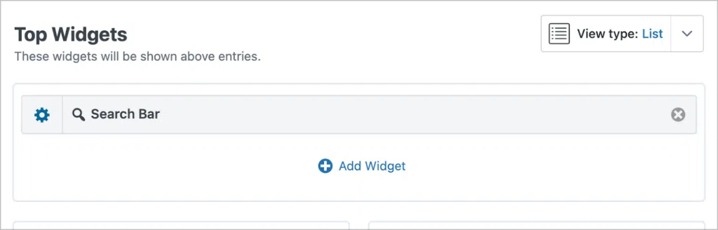 The 'Top Widgets' area in the View editor; there is a 'Search Bar' widget here