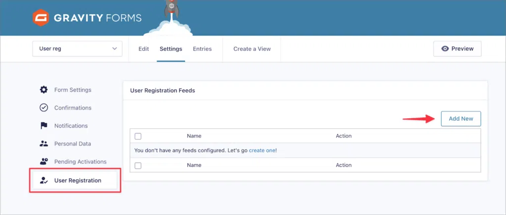 The User Registration feed page in Gravity Forms; there is an arrow pointing to the 'Add New' button.