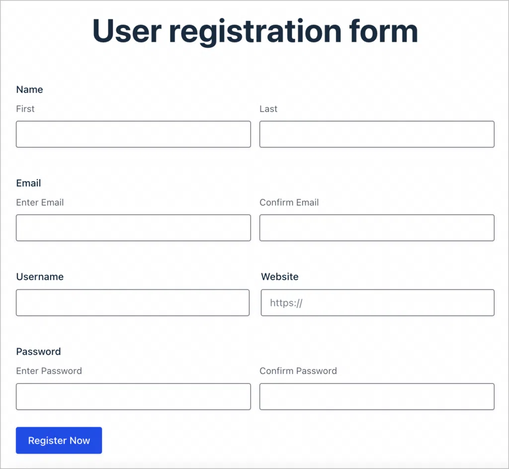 A user registration form with fields for name, email, username, password and website