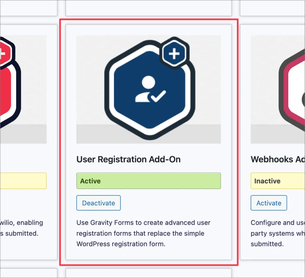 The Gravity Forms user registration add-on