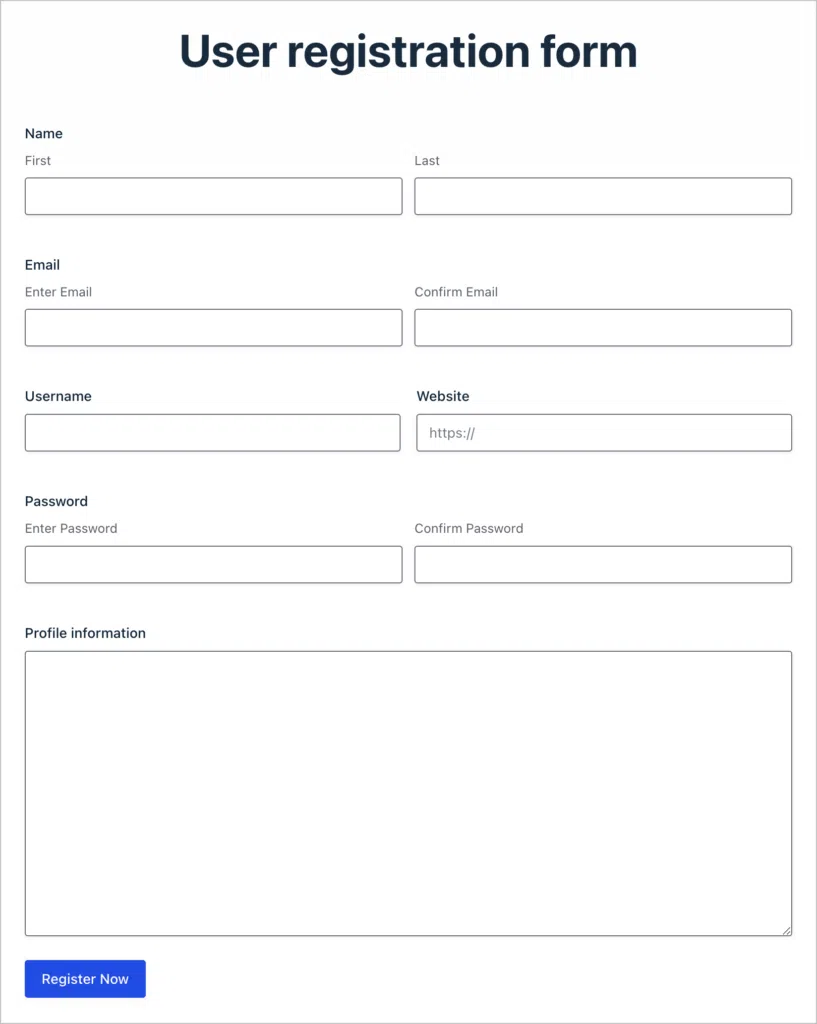 A user registration form containing fields for name, email, username, password, and profile information