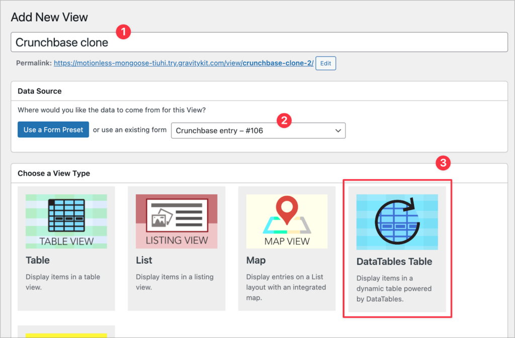 Creating a View called 'Crunchbase clone'; The data source is set to 'Crunchbase entry' and the View Type is set to 'DataTables table'