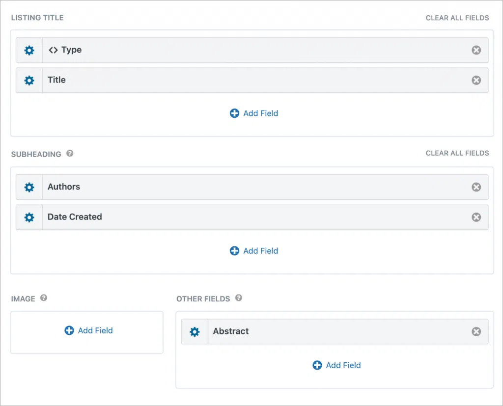 The GravityView View editor; here there are fields for Type, Title, Authors, Date Created, and Abstract