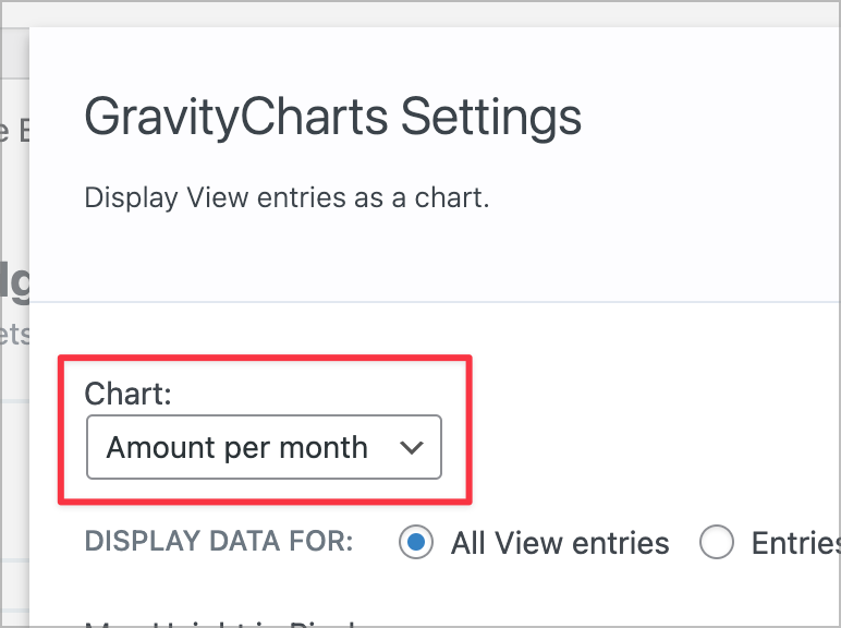 A dropdown field in the GravityCharts widget settings for selecting a chart to display