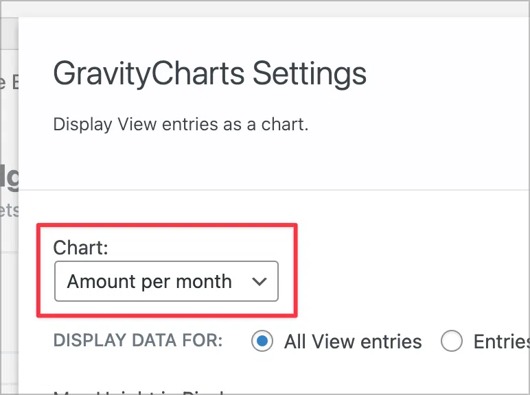 A dropdown field in the GravityCharts widget settings for selecting a chart to display