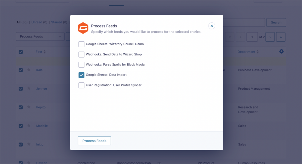 A modal titled 'Process Feeds' with various checkboxes