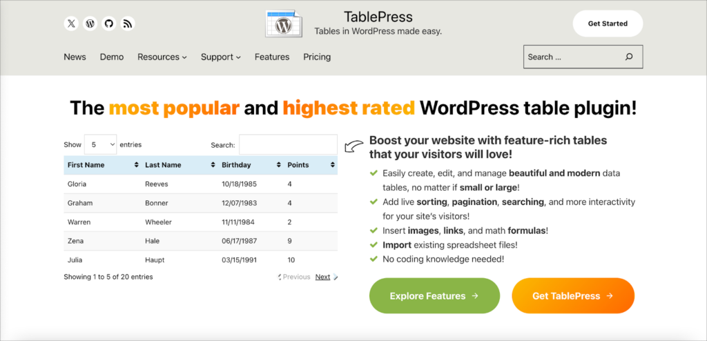 The TablePress homepage