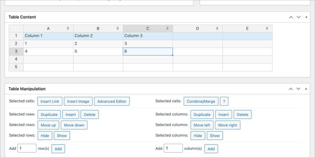 The TablePress user-interface; it is a spreadsheet like interface