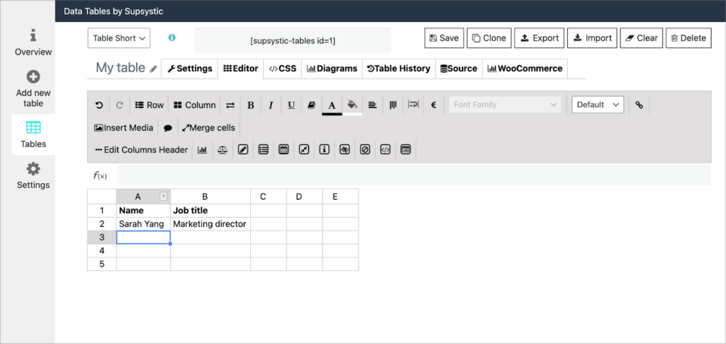 The Data Tables Generator user interface by Supsystic; it is a spreadsheet-like interface with buttons at the top, like Excel