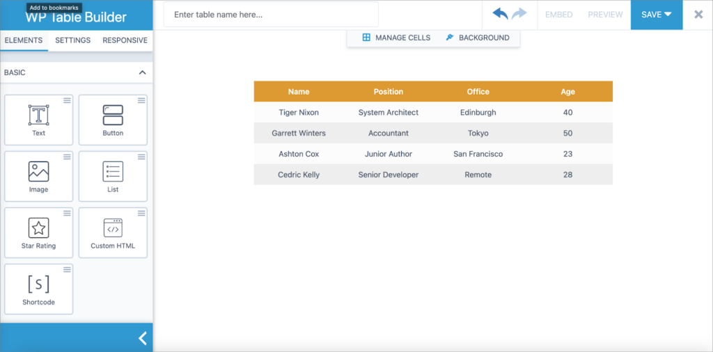 The WP Table Builder user interface