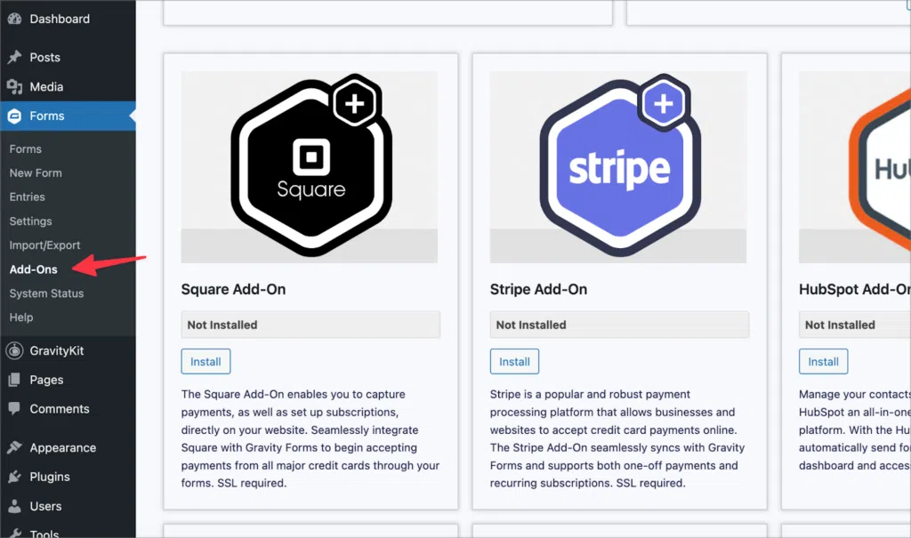 The 'Add-ons' page in Gravity Forms