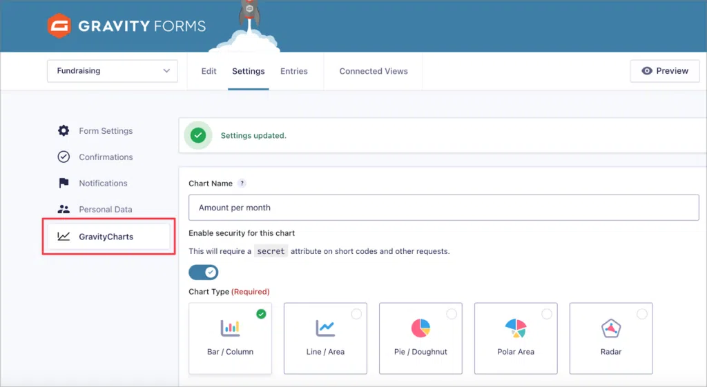The GravityCharts feed configuration screen