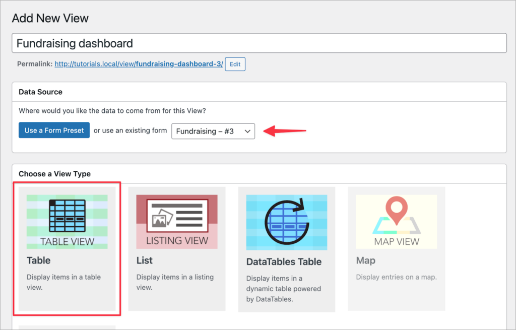 The GravityView View configuration screen; there is an arrow pointing to a dropdown for selecting a data source