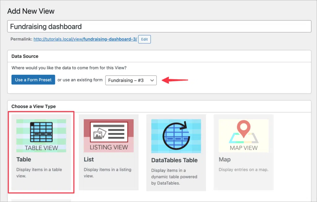 The GravityView View configuration screen; there is an arrow pointing to a dropdown for selecting a data source
