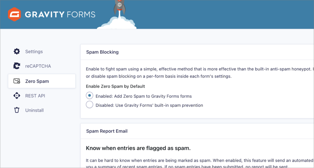 The Gravity Forms Zero Spam settings
