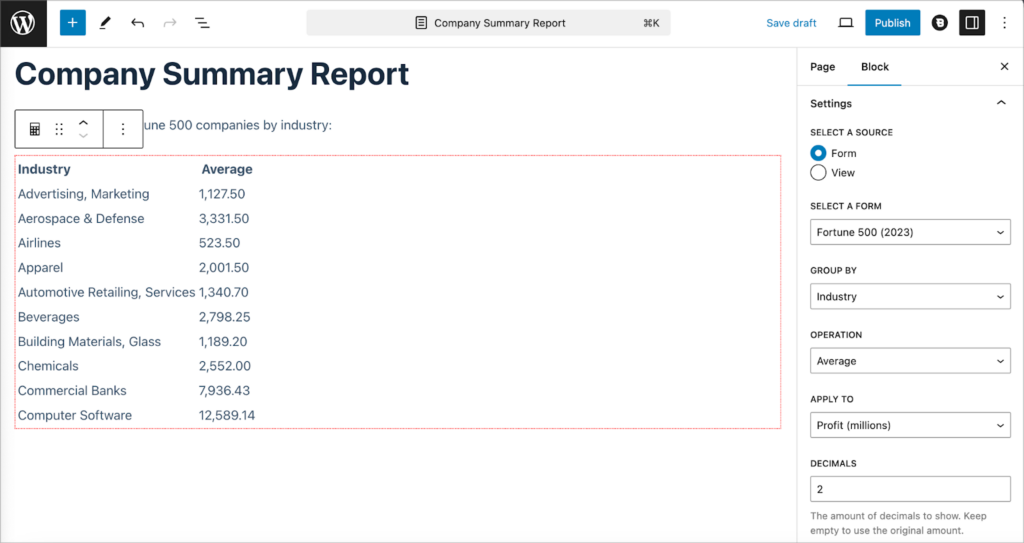 A preview of the GravityMath Summary Report inside the WordPress editor