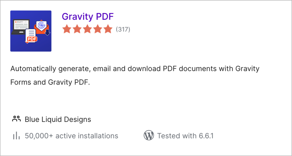Gravity PDF plugin card; it reads 'Automatically generate, email and download PDF documents with Gravity Forms and Gravity PDF'