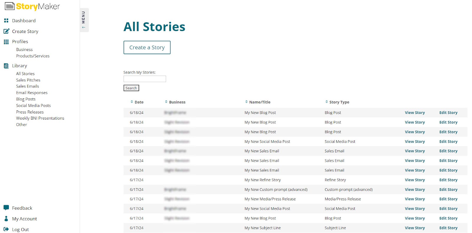 The 'StoryMaker' dashboard; a custom app for generating marketing copy using AI