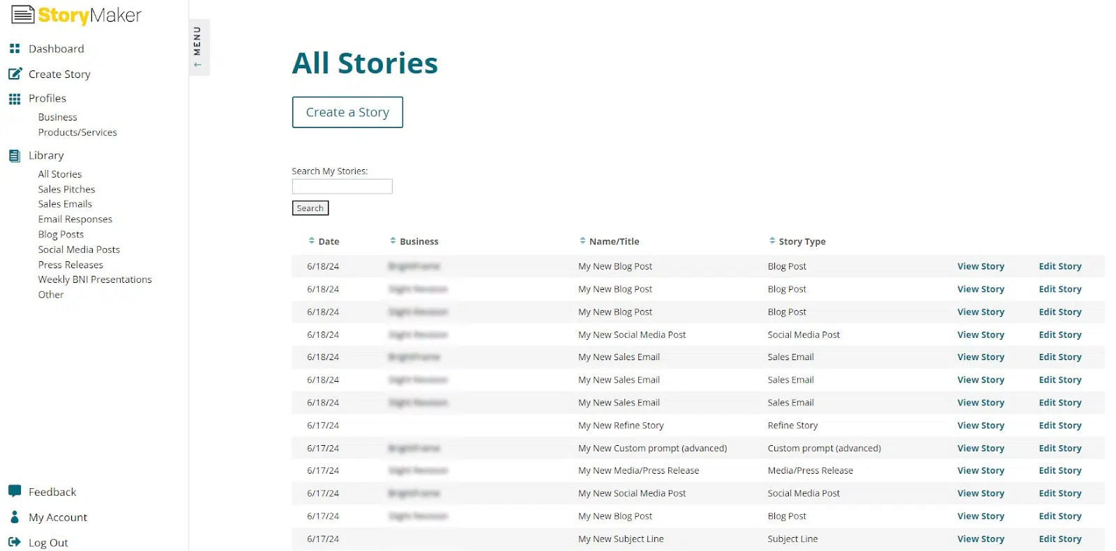 The 'StoryMaker' dashboard; a custom app for generating marketing copy using AI
