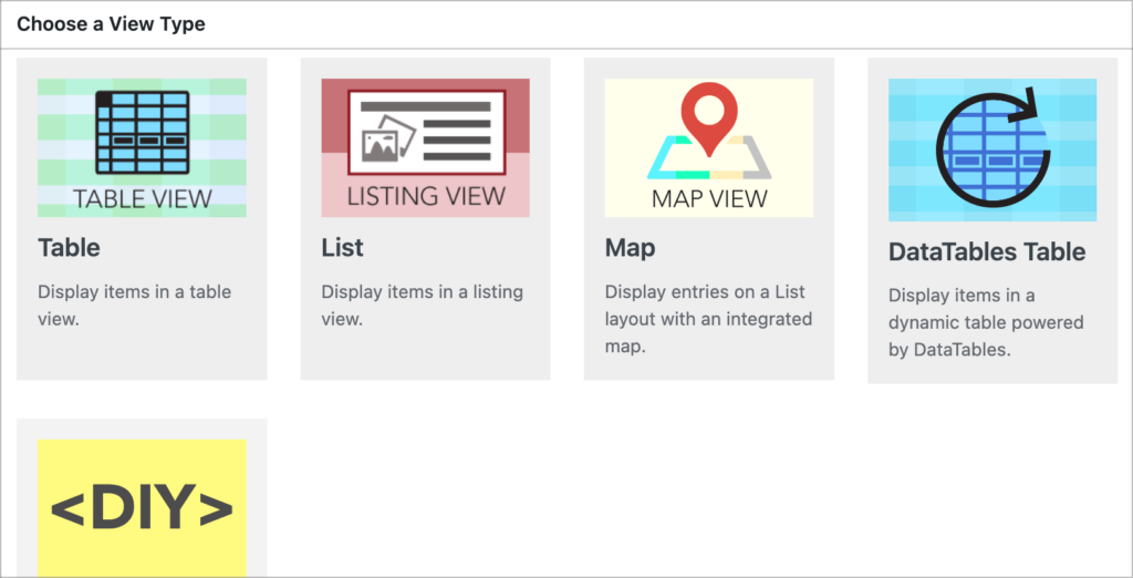 The different layouts (View Types) supported in GravityView: Table, List, Map, DataTables Table, and DIY).