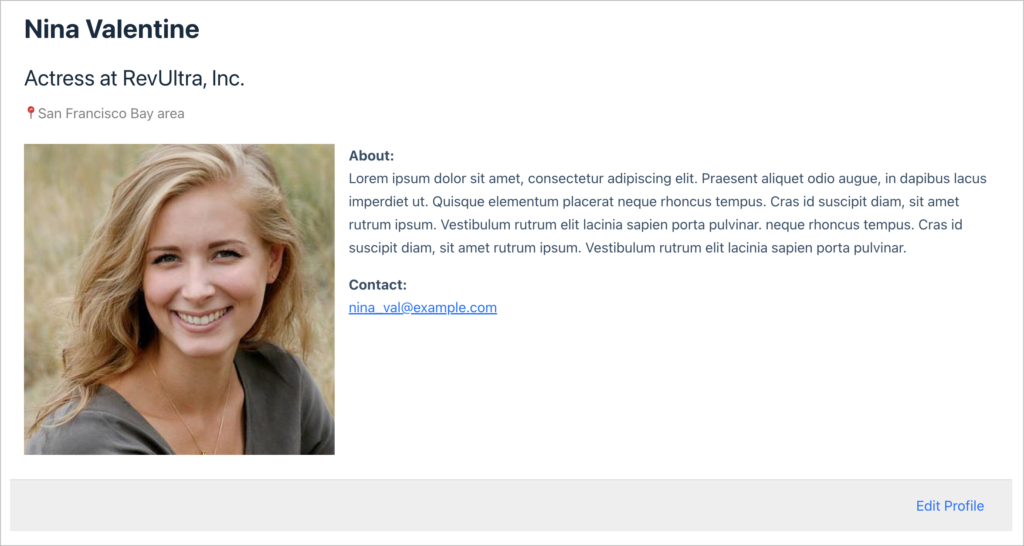 A user profile created using the GravityView List View
