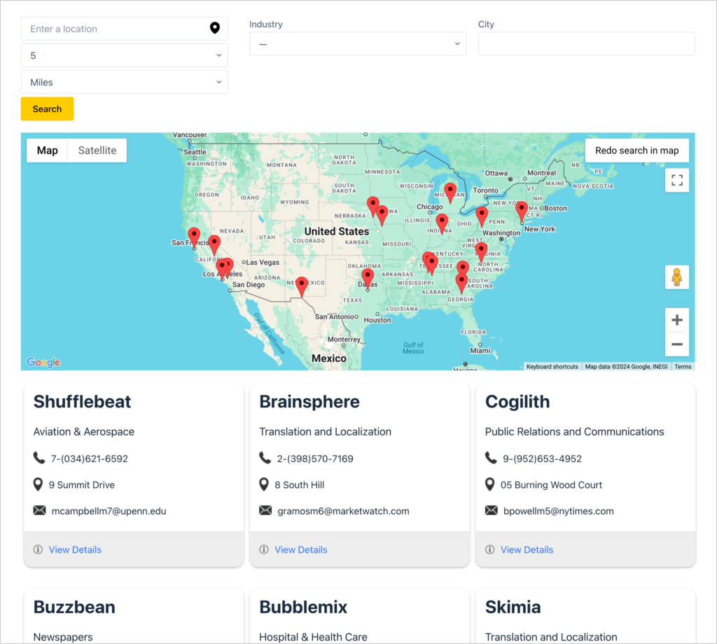A directory with a map showing business locations as markers